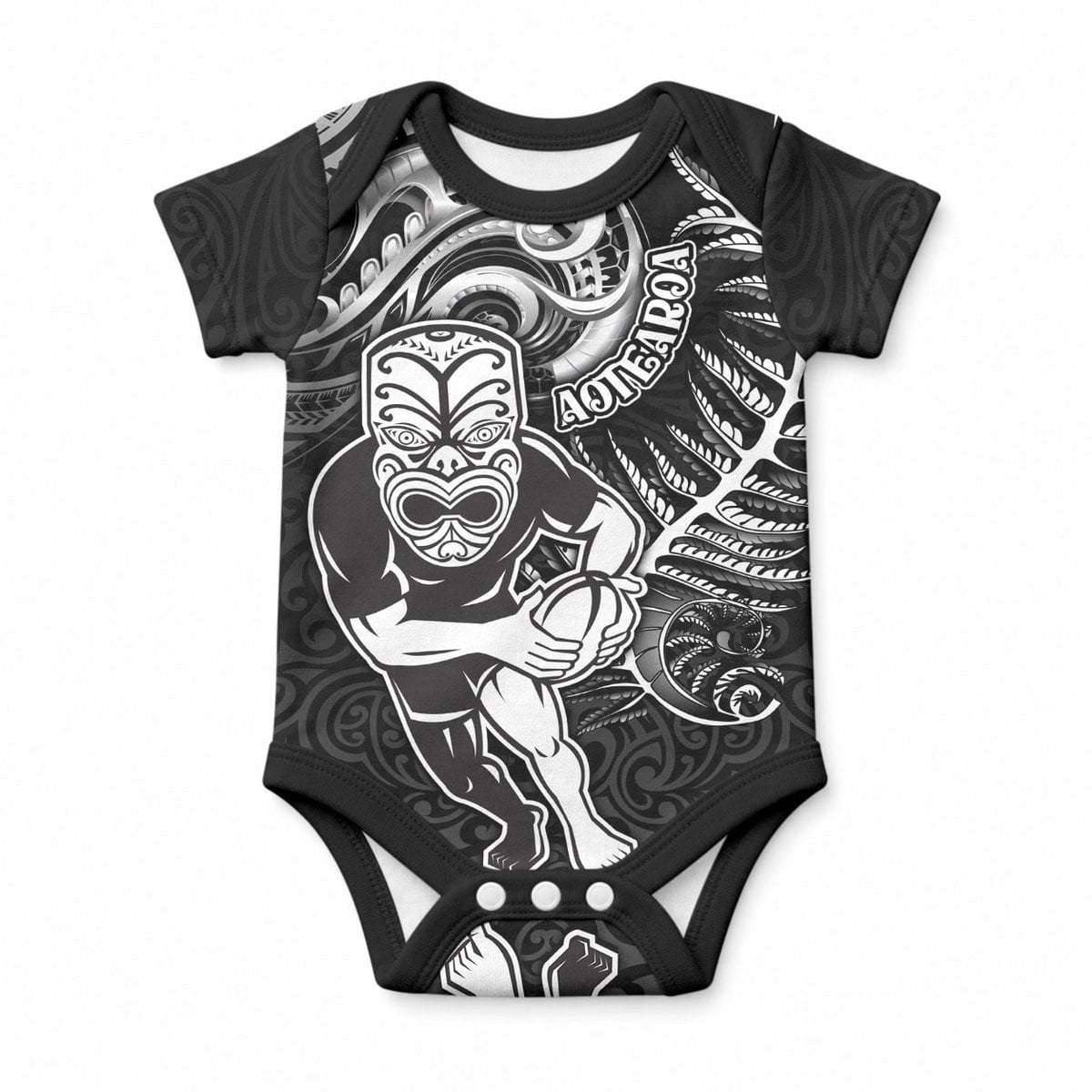 Personalised New Zealand Rugby Baby Onesie Maori Warrior Rugby with Silver Fern Sleeve Tribal Ethnic Style