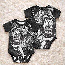 New Zealand Rugby Baby Onesie Maori Warrior Rugby with Silver Fern Sleeve Tribal Ethnic Style