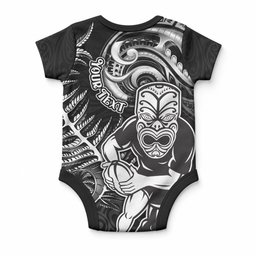 Personalised New Zealand Rugby Baby Onesie Maori Warrior Rugby with Silver Fern Sleeve Tribal Ethnic Style