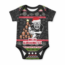 New Zealand Meri Kirihimete Baby Onesie Maori Warrior with Rugby Christmas Tree
