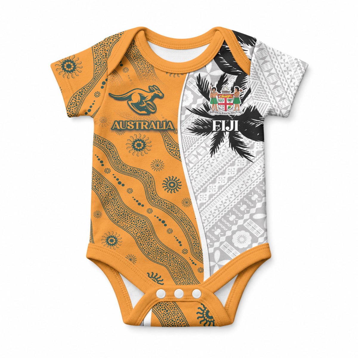 Custom Fiji and Australia Rugby Baby Onesie Tapa Mix Aboriginal Pattern Half Style
