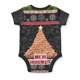 New Zealand Meri Kirihimete Baby Onesie Maori Warrior with Rugby Christmas Tree