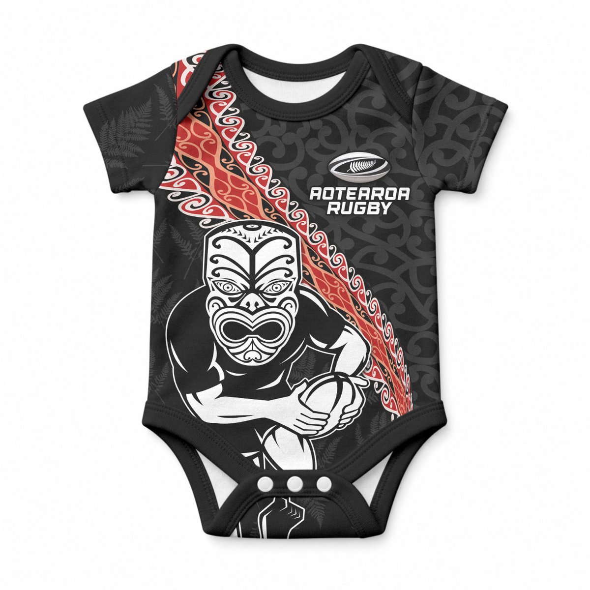 New Zealand Maori Warrior Rugby Baby Onesie Maori and Silver Fern Half Style