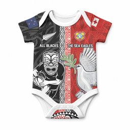 Custom Tonga and New Zealand Rugby Baby Onesie Maori Mix Ngatu Pattern