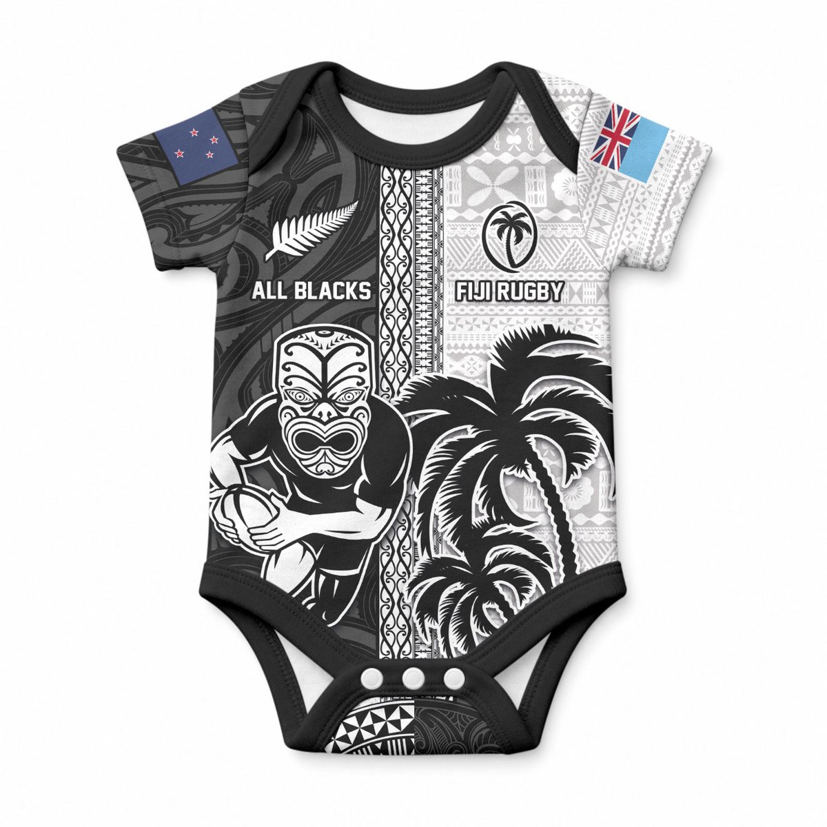 Custom Fiji and New Zealand Rugby Baby Onesie Tapa Mix Maori Pattern