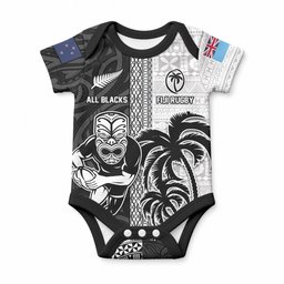 Custom Fiji and New Zealand Rugby Baby Onesie Tapa Mix Maori Pattern