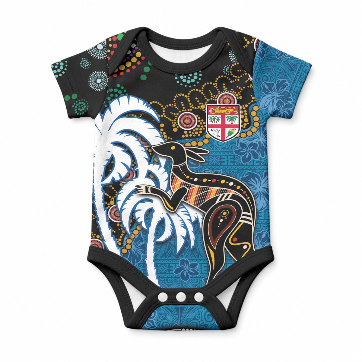 Fiji Palm Tree and Australia Kangaroo Baby Onesie Aboriginal Mix Tapa Pattern