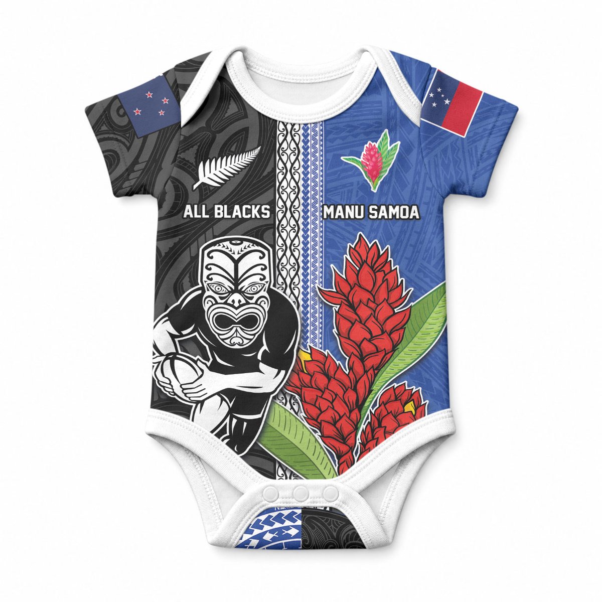 Custom Samoa and New Zealand Rugby Baby Onesie Teuila Samoan and Maori Warrior