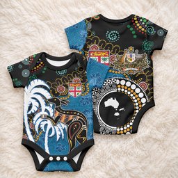 Fiji Palm Tree and Australia Kangaroo Baby Onesie Aboriginal Mix Tapa Pattern