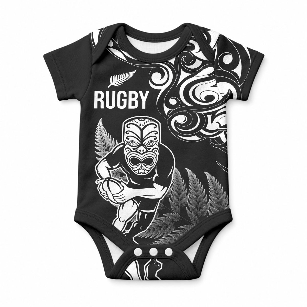 New Zealand Maori Warrior Rugby Baby Onesie Silver Fern