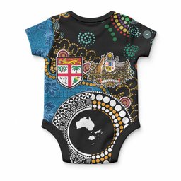 Fiji Palm Tree and Australia Kangaroo Baby Onesie Aboriginal Mix Tapa Pattern