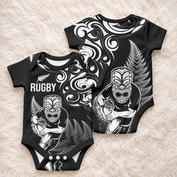 New Zealand Maori Warrior Rugby Baby Onesie Silver Fern