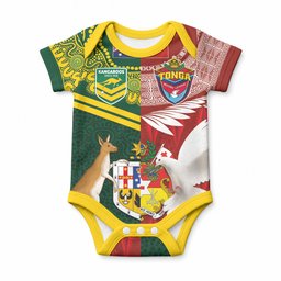 Custom Mate Ma'a Tonga and Australia Kangaroo Baby Onesie Nation Seal with Mascot Aboriginal and Tongan Kupesi Ngatu Art