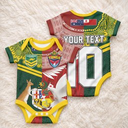 Custom Mate Ma'a Tonga and Australia Kangaroo Baby Onesie Nation Seal with Mascot Aboriginal and Tongan Kupesi Ngatu Art