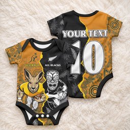 Custom New Zealand and Australia Rugby Championship 2024 Baby Onesie Maori Warrior and Kangaroo Mascot with Fern Aboriginal