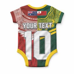 Custom Mate Ma'a Tonga and Australia Kangaroo Baby Onesie Nation Seal with Mascot Aboriginal and Tongan Kupesi Ngatu Art