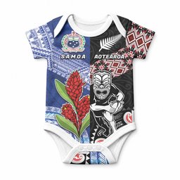 Custom Aotearoa and Samoa Rugby Baby Onesie Maori Warrior and Teuila Emblem-Tatau with Taniko Art