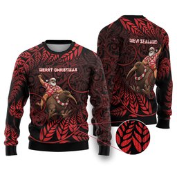 New Zealand Christmas Ugly Christmas Sweater Red Santa Riding Kiwi Bird Silver Fern