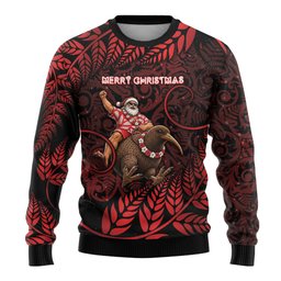 New Zealand Christmas Ugly Christmas Sweater Red Santa Riding Kiwi Bird Silver Fern