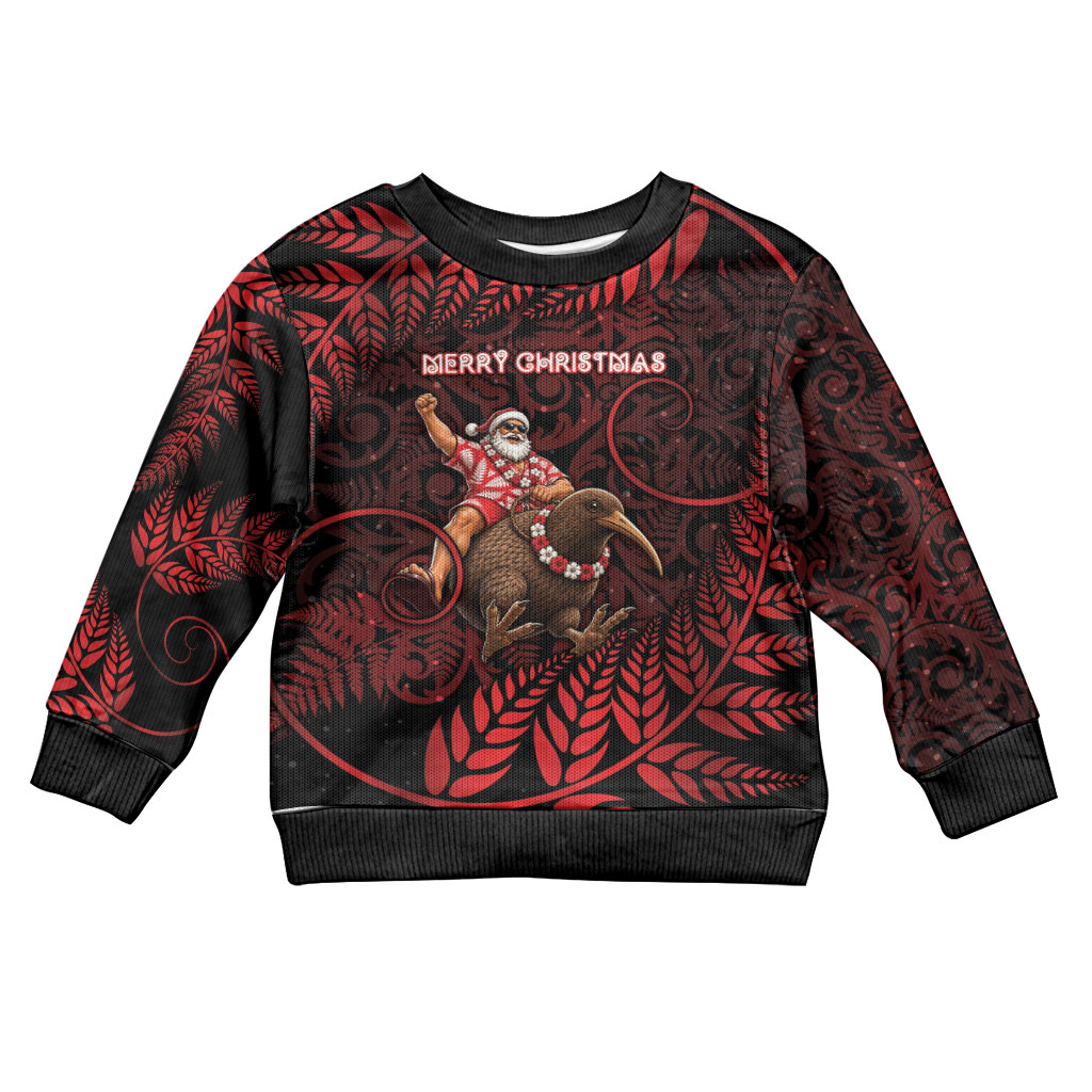 New Zealand Christmas Kid Ugly Christmas Sweater Red Santa Riding Kiwi Bird Silver Fern