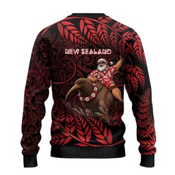 New Zealand Christmas Ugly Christmas Sweater Red Santa Riding Kiwi Bird Silver Fern