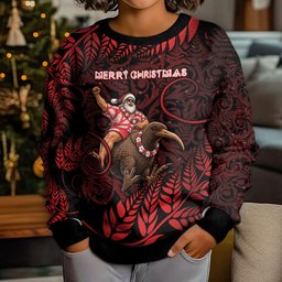 New Zealand Christmas Kid Ugly Christmas Sweater Red Santa Riding Kiwi Bird Silver Fern