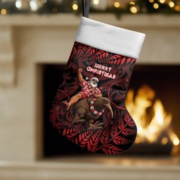 New Zealand Christmas Stocking Red Santa Riding Kiwi Bird Silver Fern