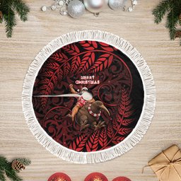 New Zealand Christmas Tree Skirt Red Santa Riding Kiwi Bird Silver Fern