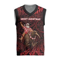New Zealand Christmas Knitted V-Neck Vest Red Santa Riding Kiwi Bird Silver Fern