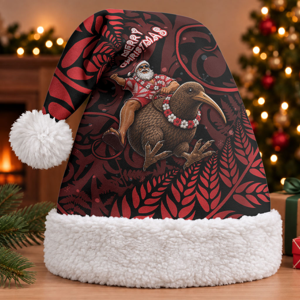 New Zealand Christmas Santa Hat Red Santa Riding Kiwi Bird Silver Fern