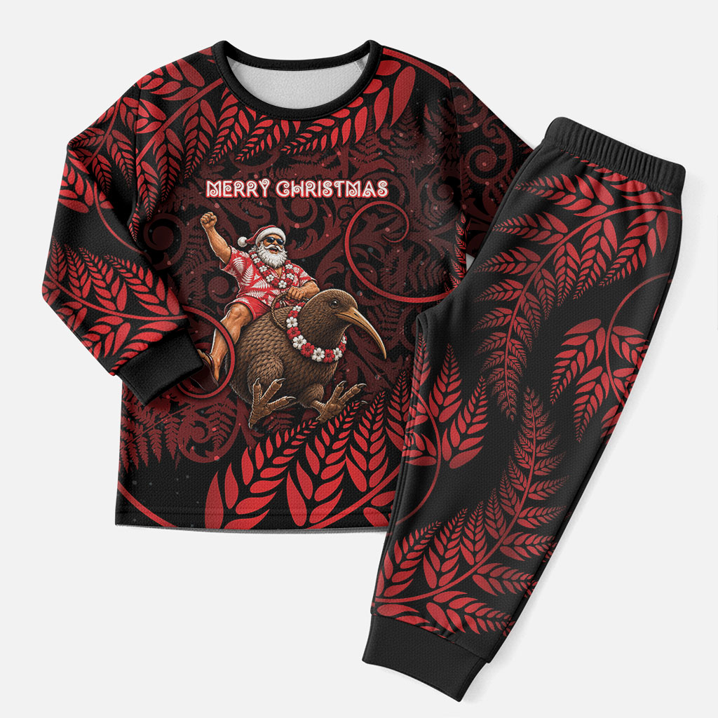 New Zealand Christmas Pajama Set Red Santa Riding Kiwi Bird Silver Fern