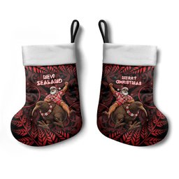 New Zealand Christmas Stocking Red Santa Riding Kiwi Bird Silver Fern