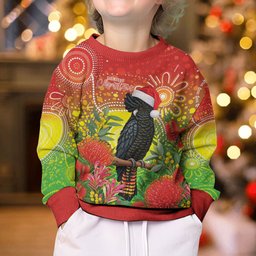 Australia Christmas Black Cockatoo Kid Ugly Christmas Sweater Aboriginal Art