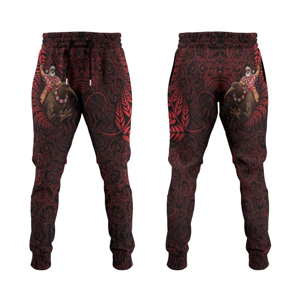 New Zealand Christmas Jogger Pants Red Santa Riding Kiwi Bird Silver Fern