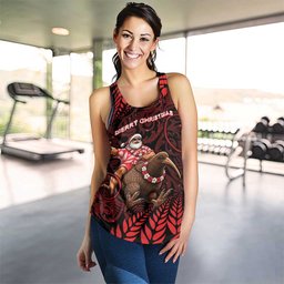 New Zealand Christmas Women Racerback Tank Red Santa Riding Kiwi Bird Silver Fern
