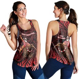 New Zealand Christmas Women Racerback Tank Red Santa Riding Kiwi Bird Silver Fern