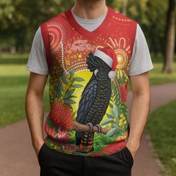 Australia Christmas Black Cockatoo Christmas Knitted V-Neck Vest Aboriginal Art