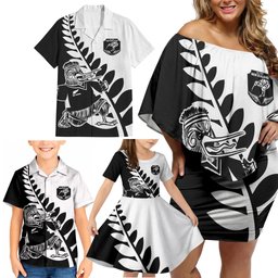 Custom Aotearoa Rugby League Family Matching Off Shoulder Short Dress and Hawaiian Shirt Kiwi Haka and Fern - Sporty Style