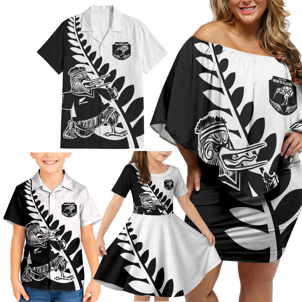 Custom Aotearoa Rugby League Family Matching Off Shoulder Short Dress and Hawaiian Shirt Kiwi Haka and Fern - Sporty Style