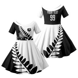 Custom Aotearoa Rugby League Family Matching Off Shoulder Short Dress and Hawaiian Shirt Kiwi Haka and Fern - Sporty Style
