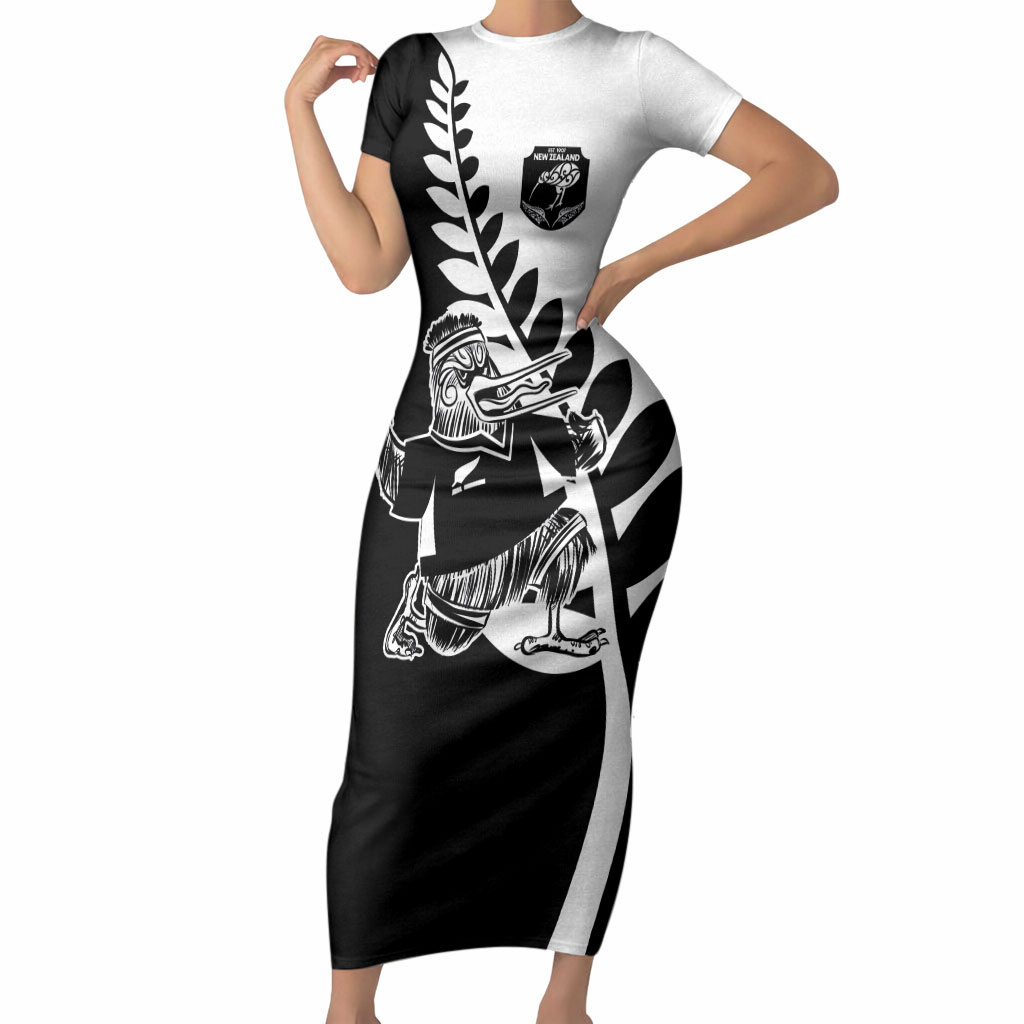 Custom Aotearoa Rugby League Short Sleeve Bodycon Dress Kiwi Haka and Fern - Sporty Style