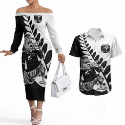 Custom Aotearoa Rugby League Couples Matching Off The Shoulder Long Sleeve Dress and Hawaiian Shirt Kiwi Haka and Fern - Sporty Style