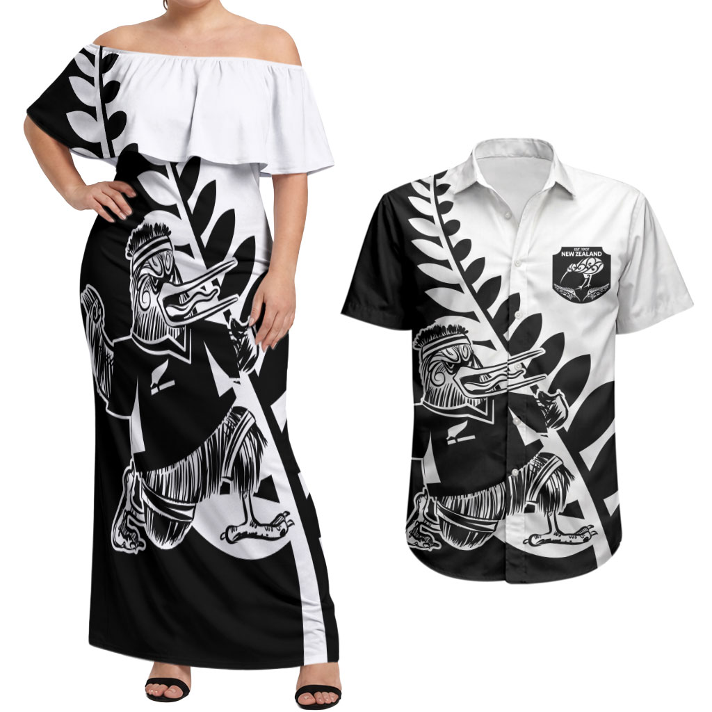 Custom Aotearoa Rugby League Couples Matching Off Shoulder Maxi Dress and Hawaiian Shirt Kiwi Haka and Fern - Sporty Style