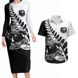 Custom Aotearoa Rugby League Couples Matching Long Sleeve Bodycon Dress and Hawaiian Shirt Kiwi Haka and Fern - Sporty Style