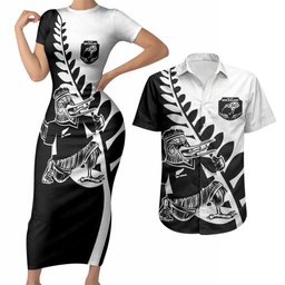 Custom Aotearoa Rugby League Couples Matching Short Sleeve Bodycon Dress and Hawaiian Shirt Kiwi Haka and Fern - Sporty Style