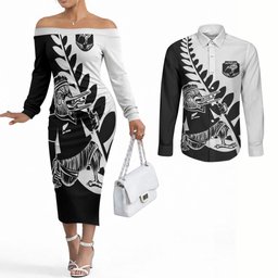 Custom Aotearoa Rugby League Couples Matching Off The Shoulder Long Sleeve Dress and Long Sleeve Button Shirt Kiwi Haka and Fern - Sporty Style