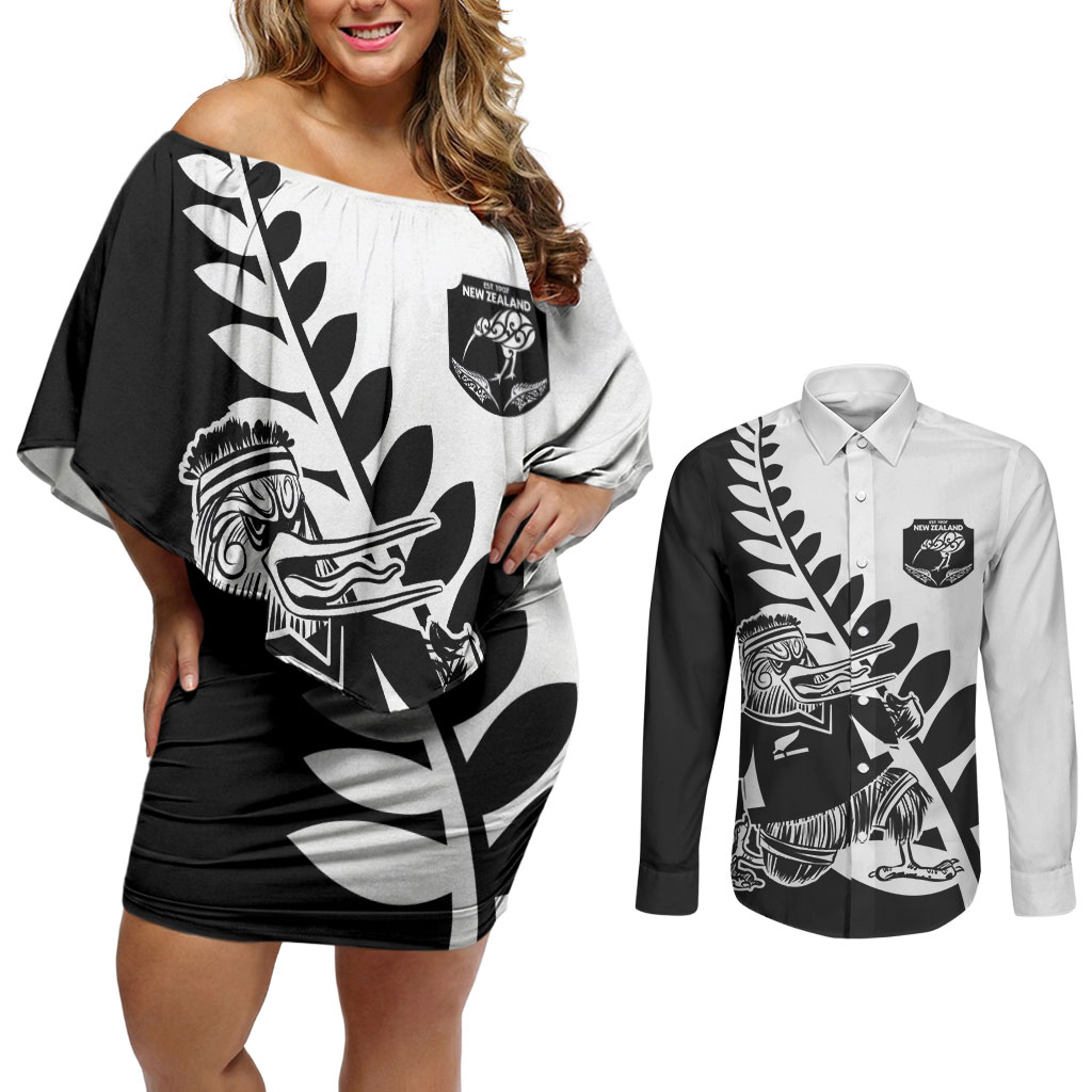 Custom Aotearoa Rugby League Couples Matching Off Shoulder Short Dress and Long Sleeve Button Shirt Kiwi Haka and Fern - Sporty Style