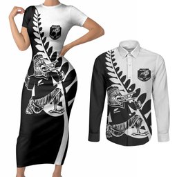 Custom Aotearoa Rugby League Couples Matching Short Sleeve Bodycon Dress and Long Sleeve Button Shirt Kiwi Haka and Fern - Sporty Style
