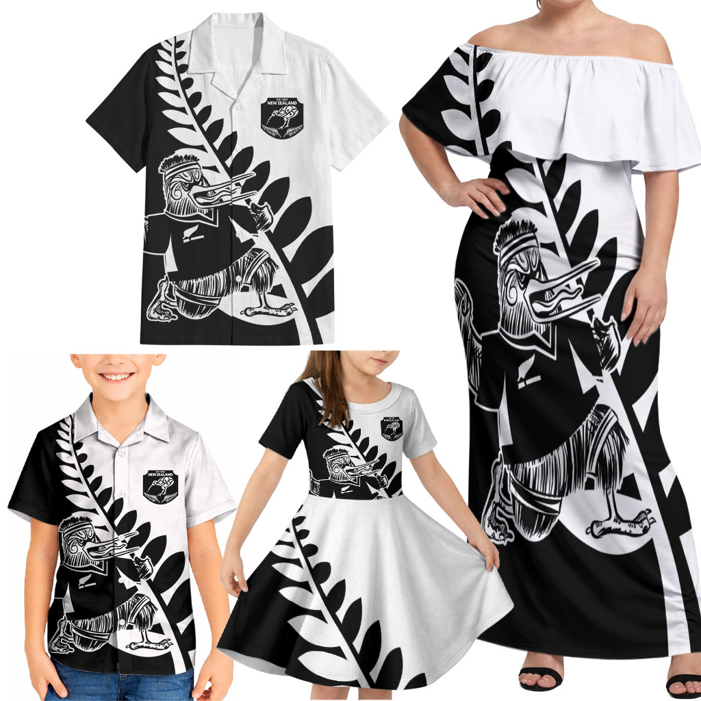 Custom Aotearoa Rugby League Family Matching Off Shoulder Maxi Dress and Hawaiian Shirt Kiwi Haka and Fern - Sporty Style