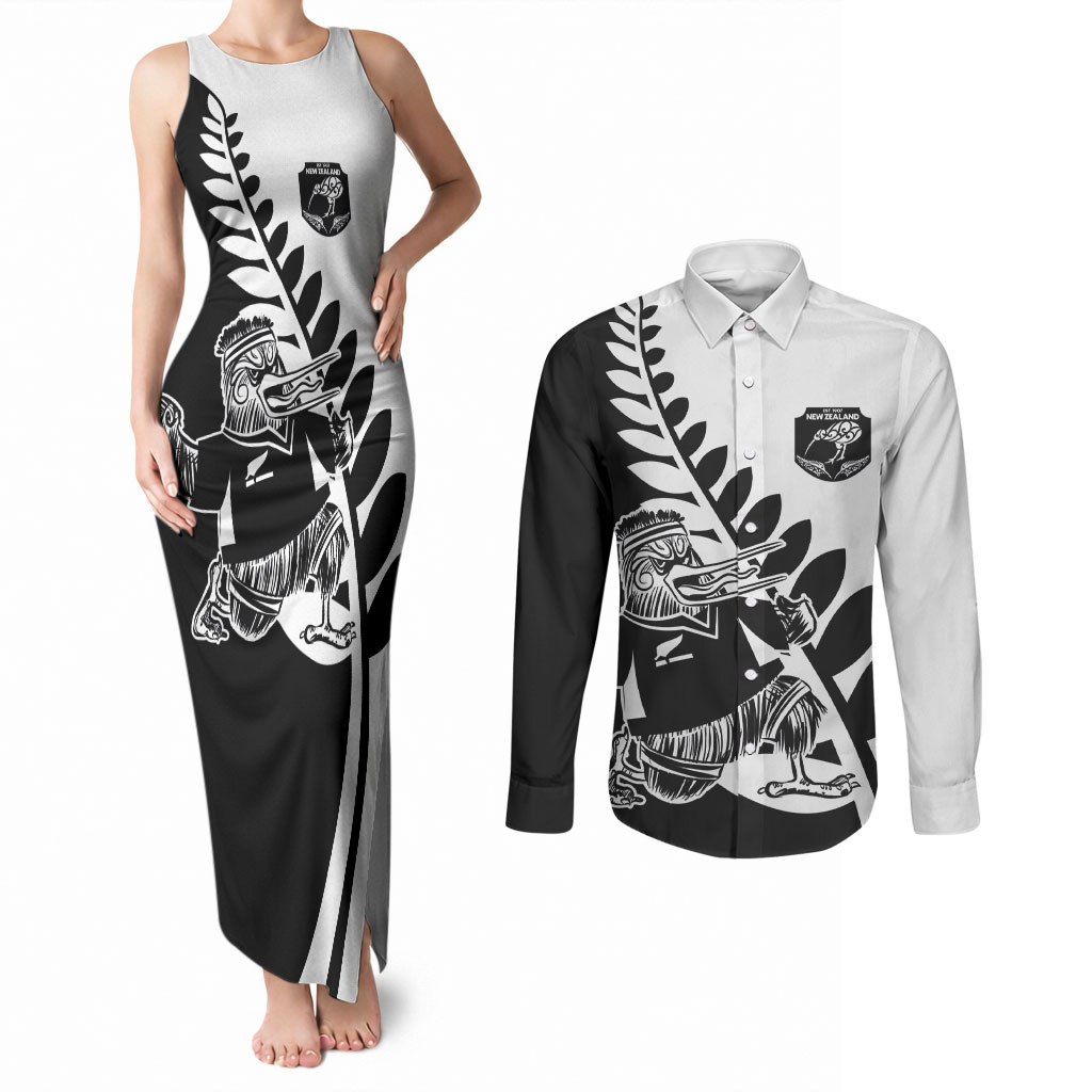 Custom Aotearoa Rugby League Couples Matching Tank Maxi Dress and Long Sleeve Button Shirt Kiwi Haka and Fern - Sporty Style